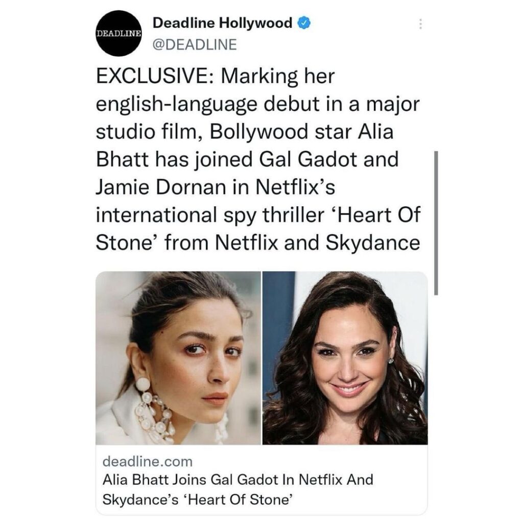 Alia marking her debut from international studio film 'Heart of Stone'. She will be working with Gal Gadot and Jamie Dornan. 