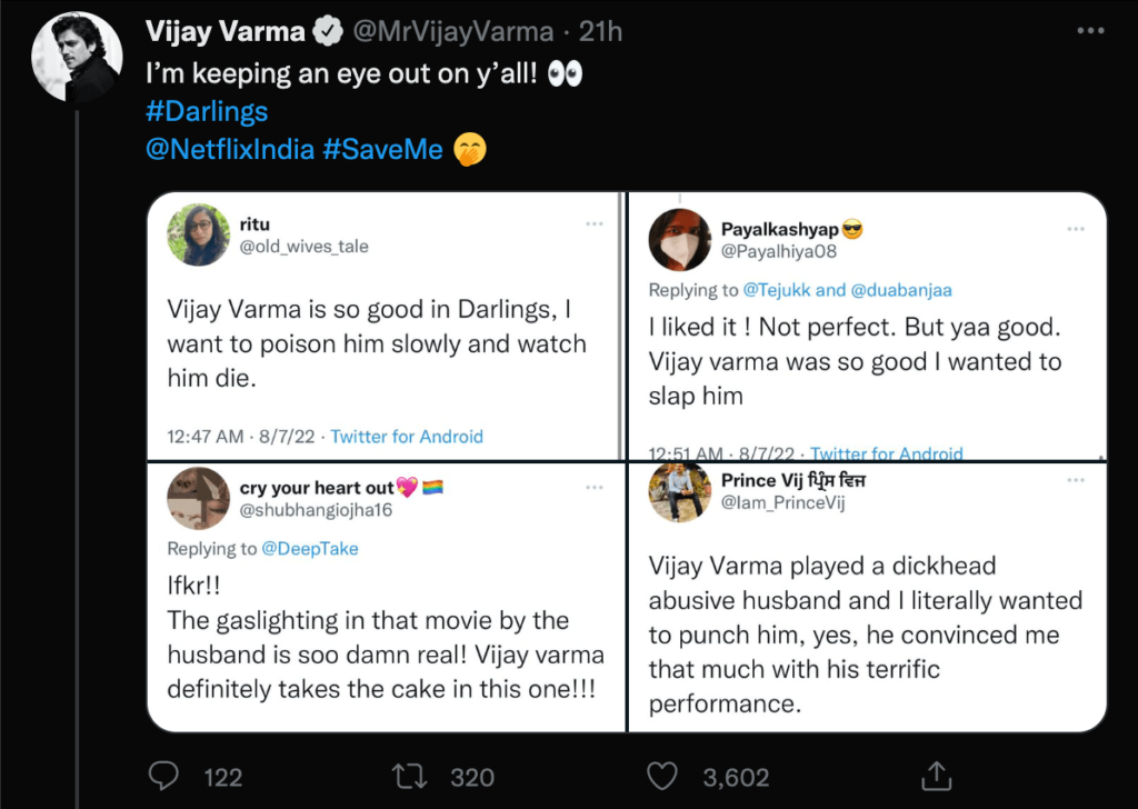 Vijay Varma twitter flooded with praise after the release of movie Darlings 2022.