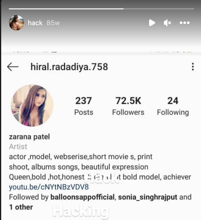 Hiral Radadiya hacked Instagram account