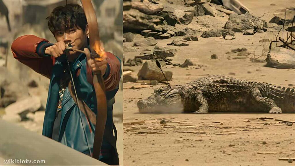 Choi Ji-Wan hits an arrow to a crocodile