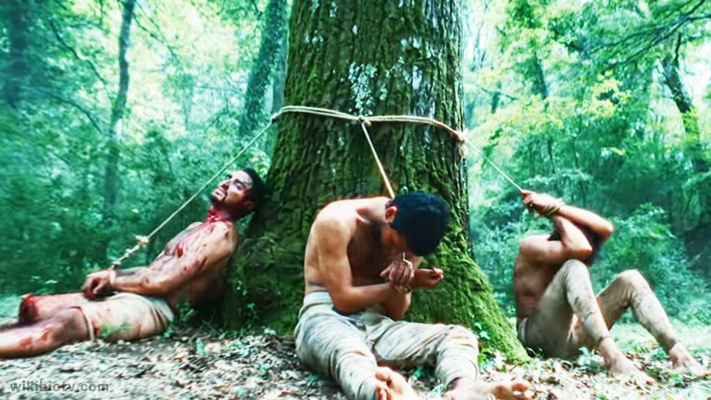 A scene from series 'Brigands The Quest for Gold' where Filomena found men tied to trees