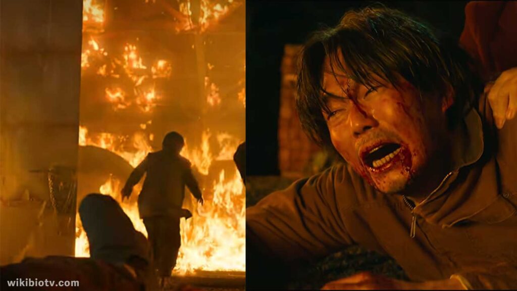 A scene where Kim Young-ho's mother bravely walks back to burning hut ultimately takes her own life.